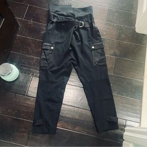 Designer Karen Millen England high waisted black  belted cargo trouser pants